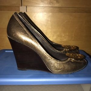 Gold open toed Tory Burch wedge